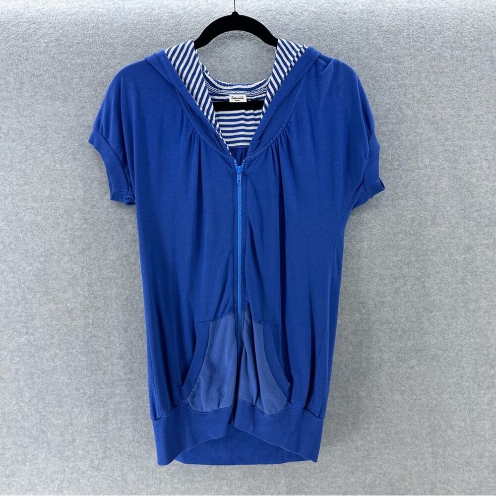 SPLENDID Women's S Short sleeve Zip Up Hoodie Blue White Stripes Nautical Soft